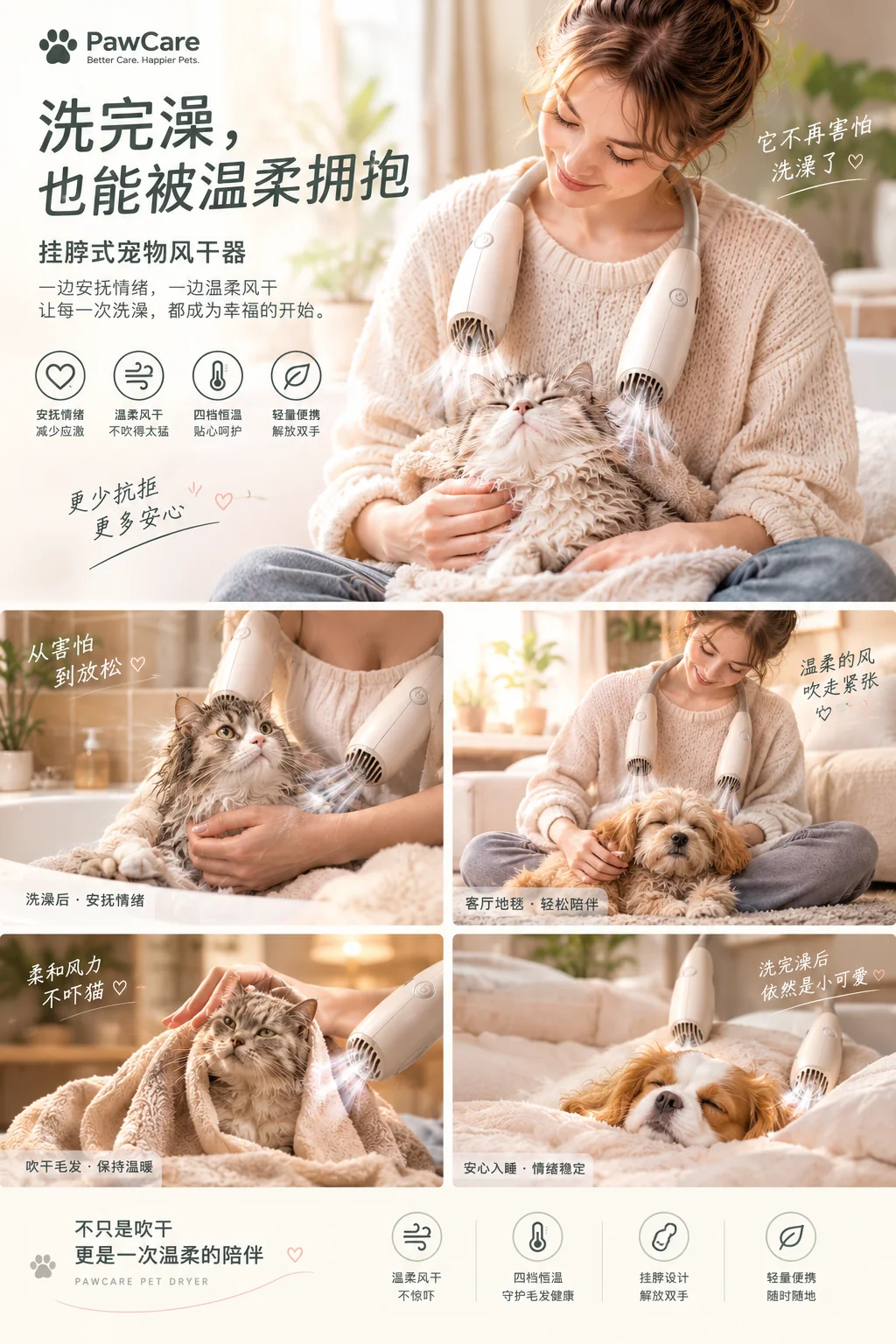 A cat held in someone’s lap being dried by a hands-free neck-worn pet dryer