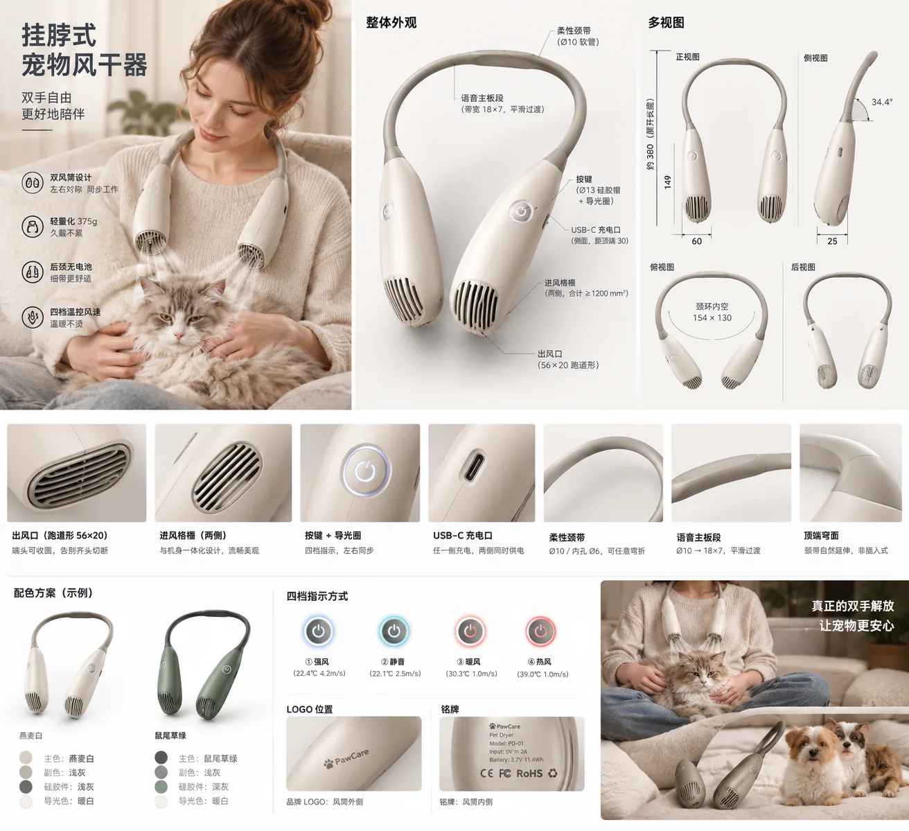 Hands-free neck-worn pet dryer PD-01 — design sheet with dimensions, airflow settings and colourways